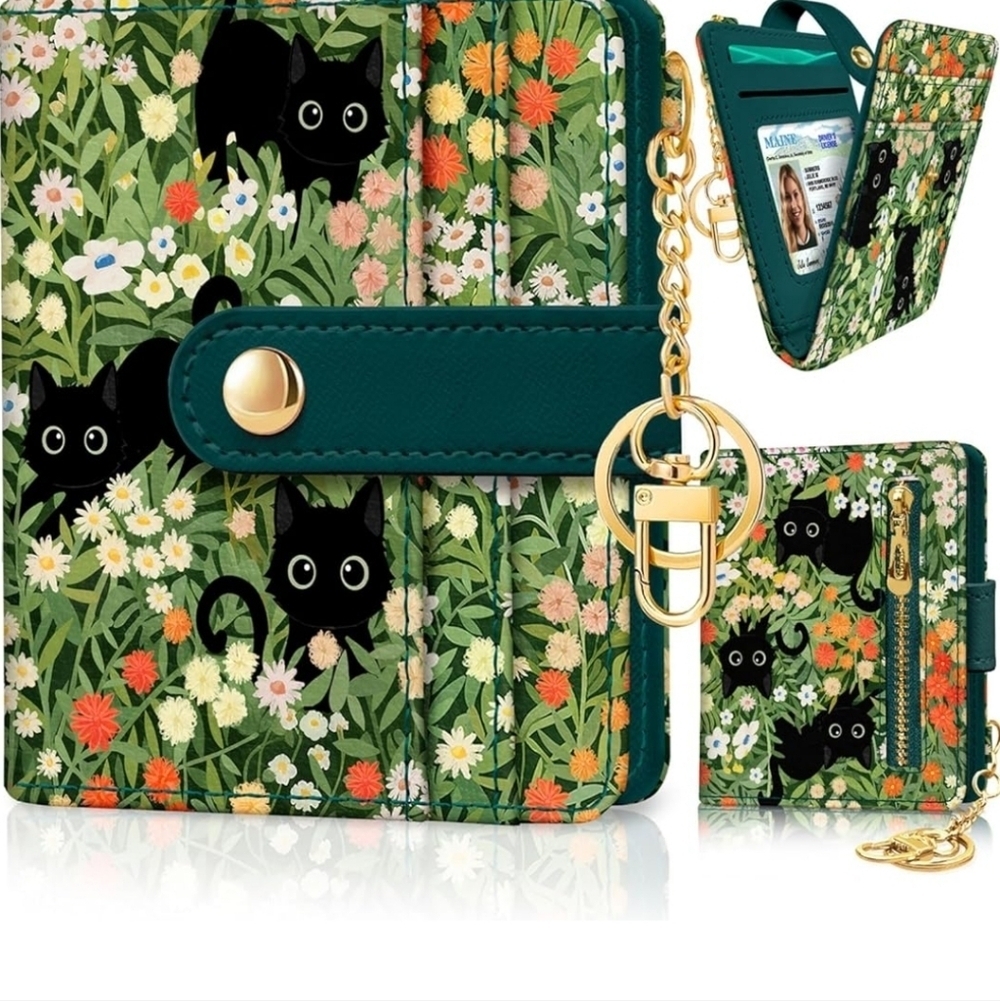 Floral Cat Print Wallet with Keychain
